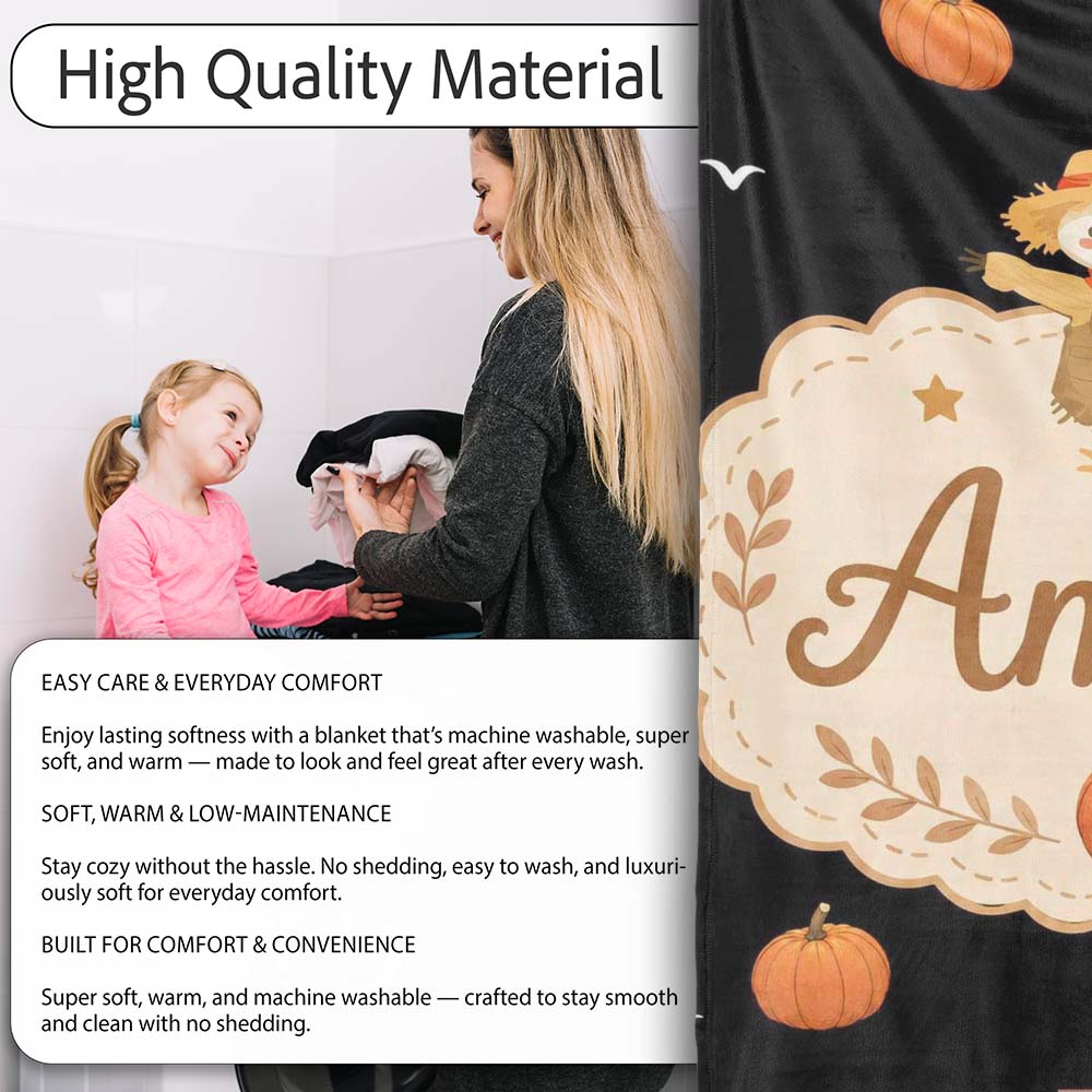 Cute Autumn Scarecrow Pumpkin Birds Seamless Pattern Black Lovely Personalised Custom Name Super Soft Fleece Blanket Bed Sofa Throw