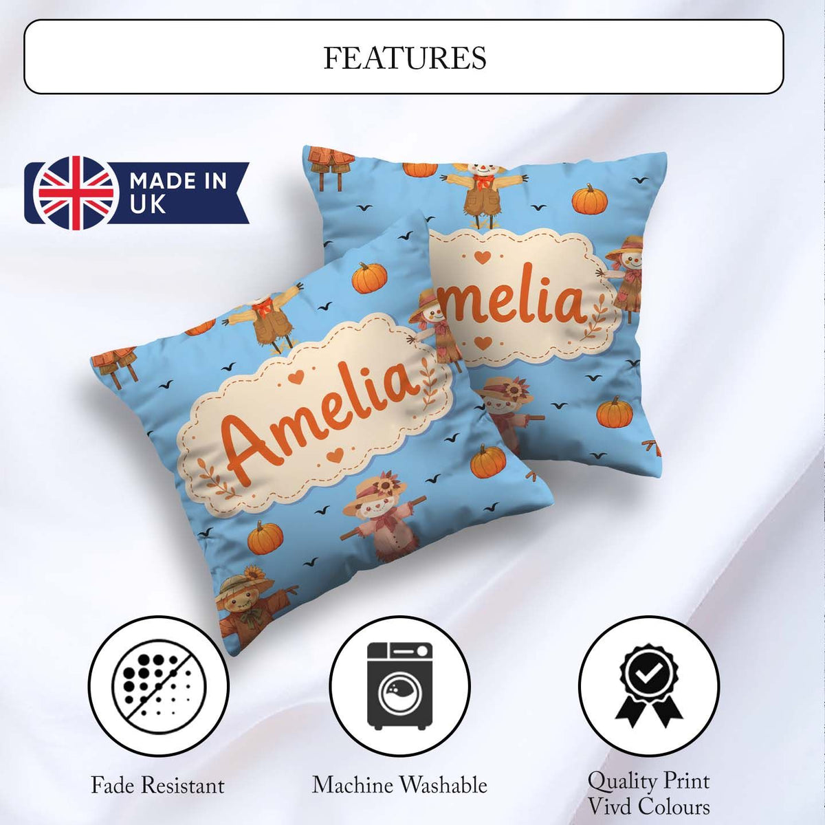 Custom Name Cute Autumn Scarecrow Pumpkin Birds Pattern Sky Blue Square Filled Cushion Throw Pillow Sofa Bed Home Decor Zip Washable UK Made