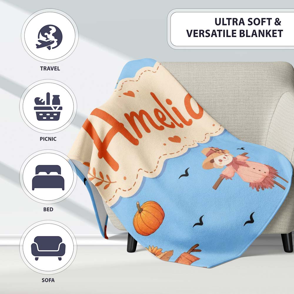 Cute Autumn Scarecrow Pumpkin Birds Seamless Pattern Sky Blue Lovely Personalised Custom Name Super Soft Fleece Blanket Bed Sofa Throw