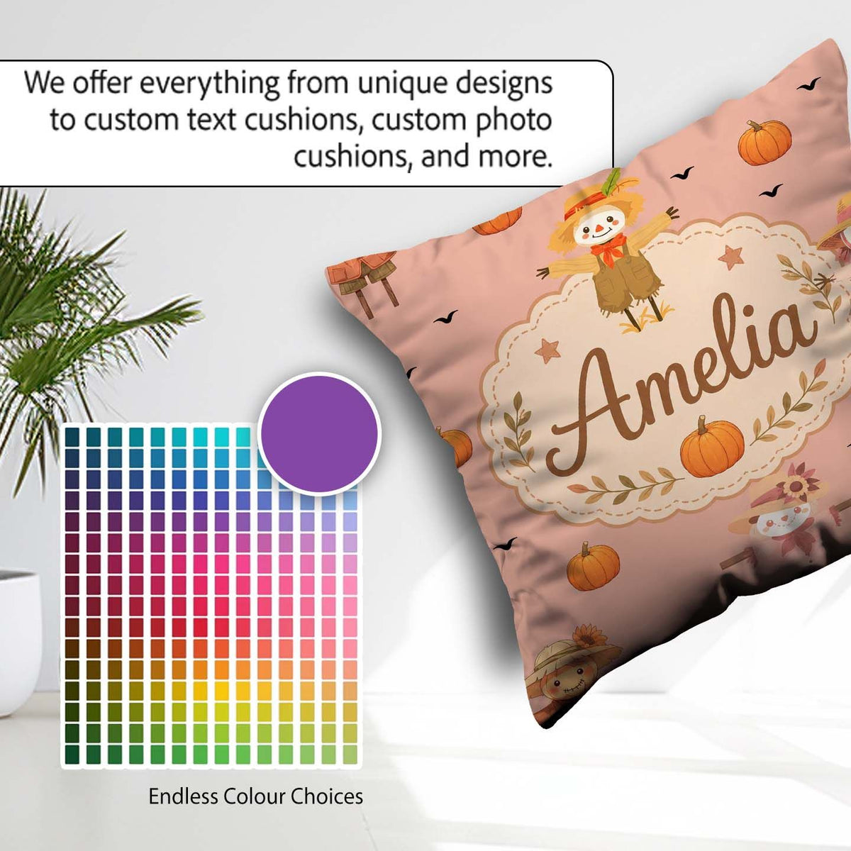 Custom Name Cute Autumn Scarecrow Pumpkin Birds Seamless Pattern Square Filled Cushion Throw Pillow Sofa Bed Home Decor Zip Washable UK Made