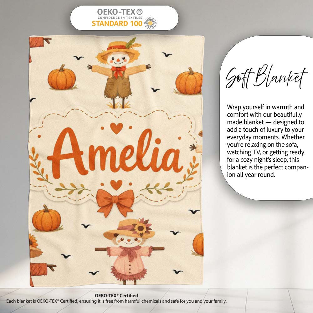 Cute Autumn Scarecrow Pumpkin Birds Seamless Pattern Cream Lovely Personalised Custom Name Super Soft Fleece Blanket Bed Sofa Throw