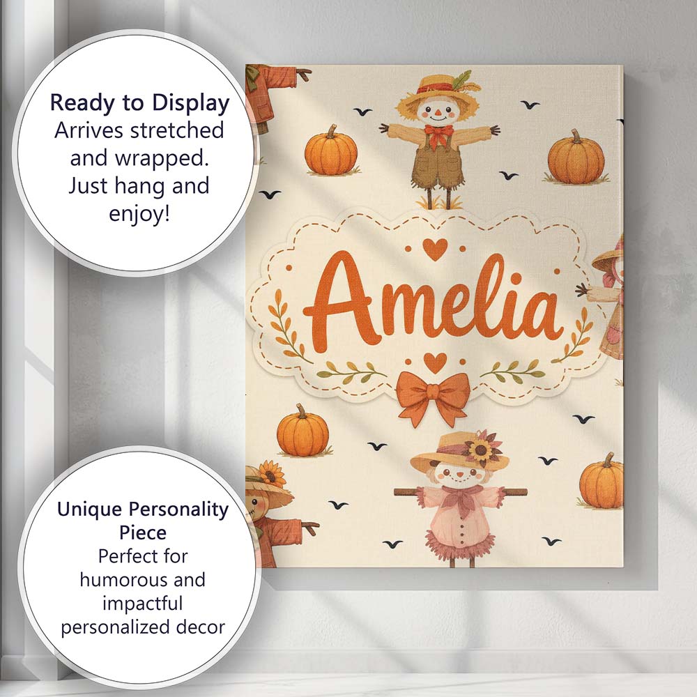 Personalised Name Cute Autumn Scarecrow Custom Modern Room Accent Elegant Feature Canvas Wall Art Print Decor Picture Ready to Hang