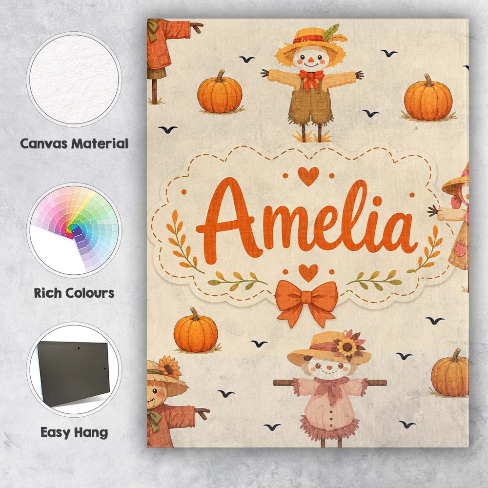 Personalised Name Cute Autumn Scarecrow Custom Modern Room Accent Elegant Feature Canvas Wall Art Print Decor Picture Ready to Hang