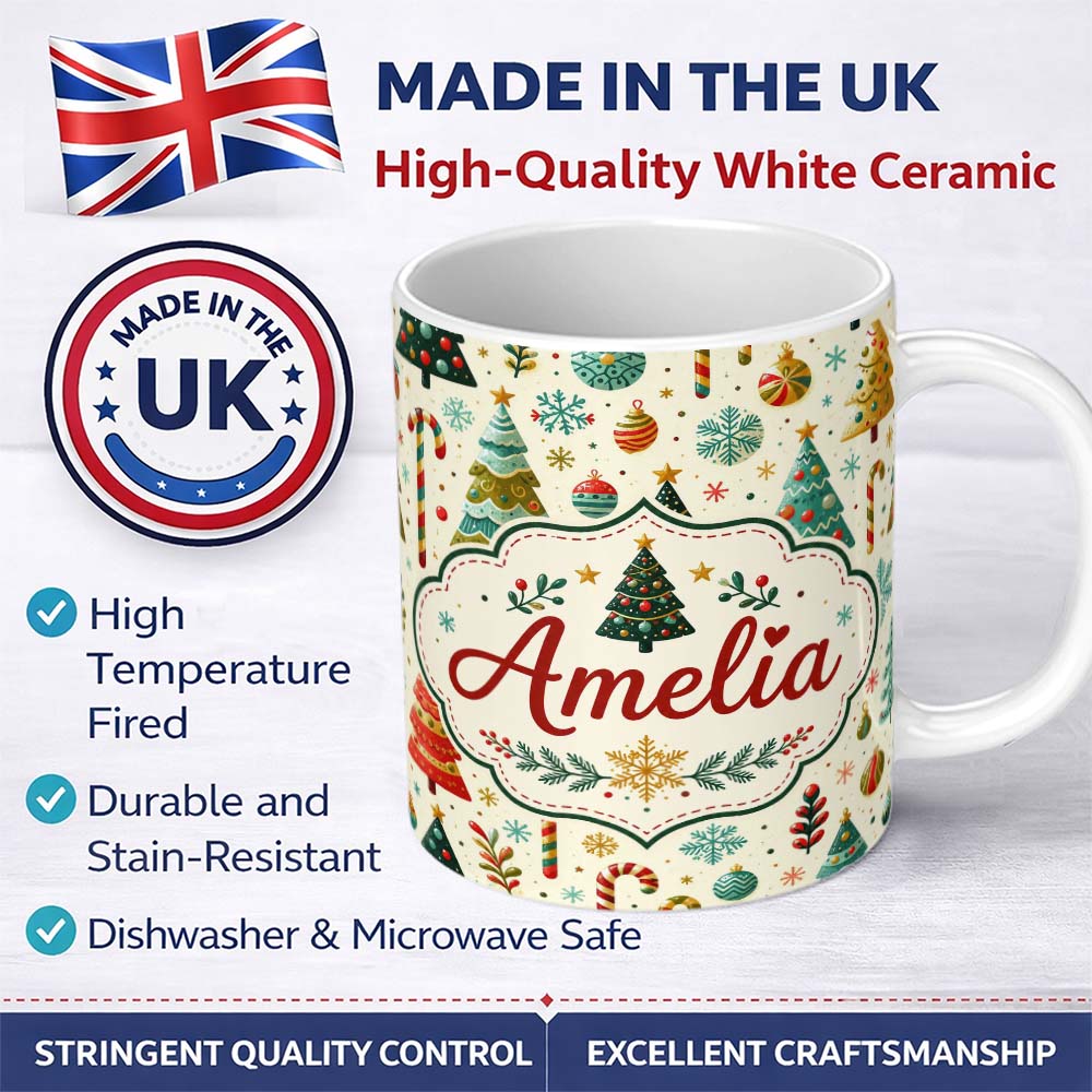 Personalized Custom Name Christmas Trees Ornaments Candy Canes Festive Seamless Pattern 11oz Ceramic Coffee Tea Mug White Large Handle