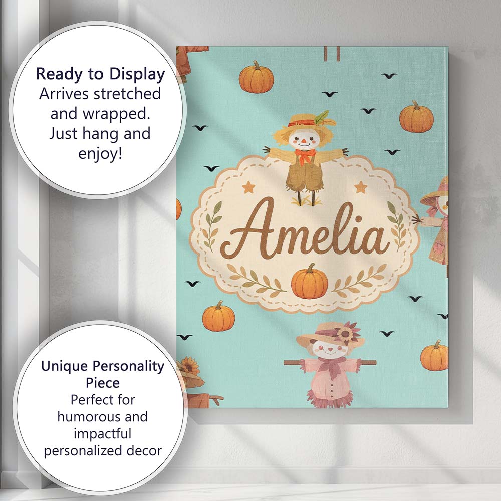 Personalised Name Cute Autumn Scarecrow Custom Modern Room Accent Elegant Feature Canvas Wall Art Print Decor Picture Ready to Hang