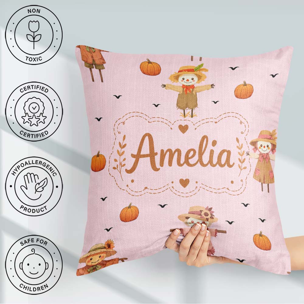 Custom Name Cute Autumn Scarecrow Pumpkin Birds Seamless Pattern Square Filled Cushion Throw Pillow Sofa Bed Home Decor Zip Washable UK Made