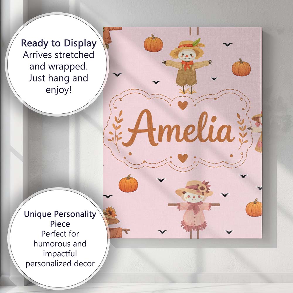 Personalised Name Cute Autumn Scarecrow Custom Modern Room Accent Elegant Feature Canvas Wall Art Print Decor Picture Ready to Hang