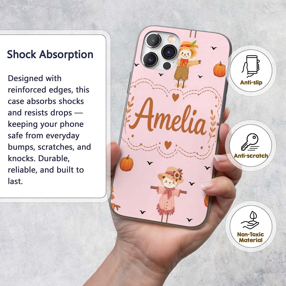 Cute Autumn Scarecrow Pumpkin Birds Seamless Custom Name Protective Phone Case Mobile Cover Durable Everyday Smartphone Shock Resistant