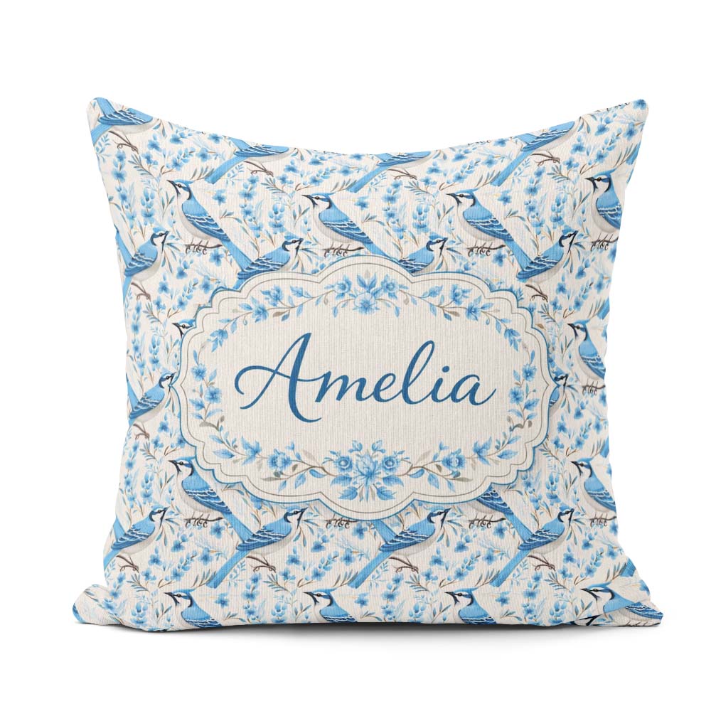 Custom Name Blue Bird Delicate Floral Soft Blue Botanical Nature Square Filled Cushion Throw Pillow Sofa Bed Home Decor Zip Washable UK Made