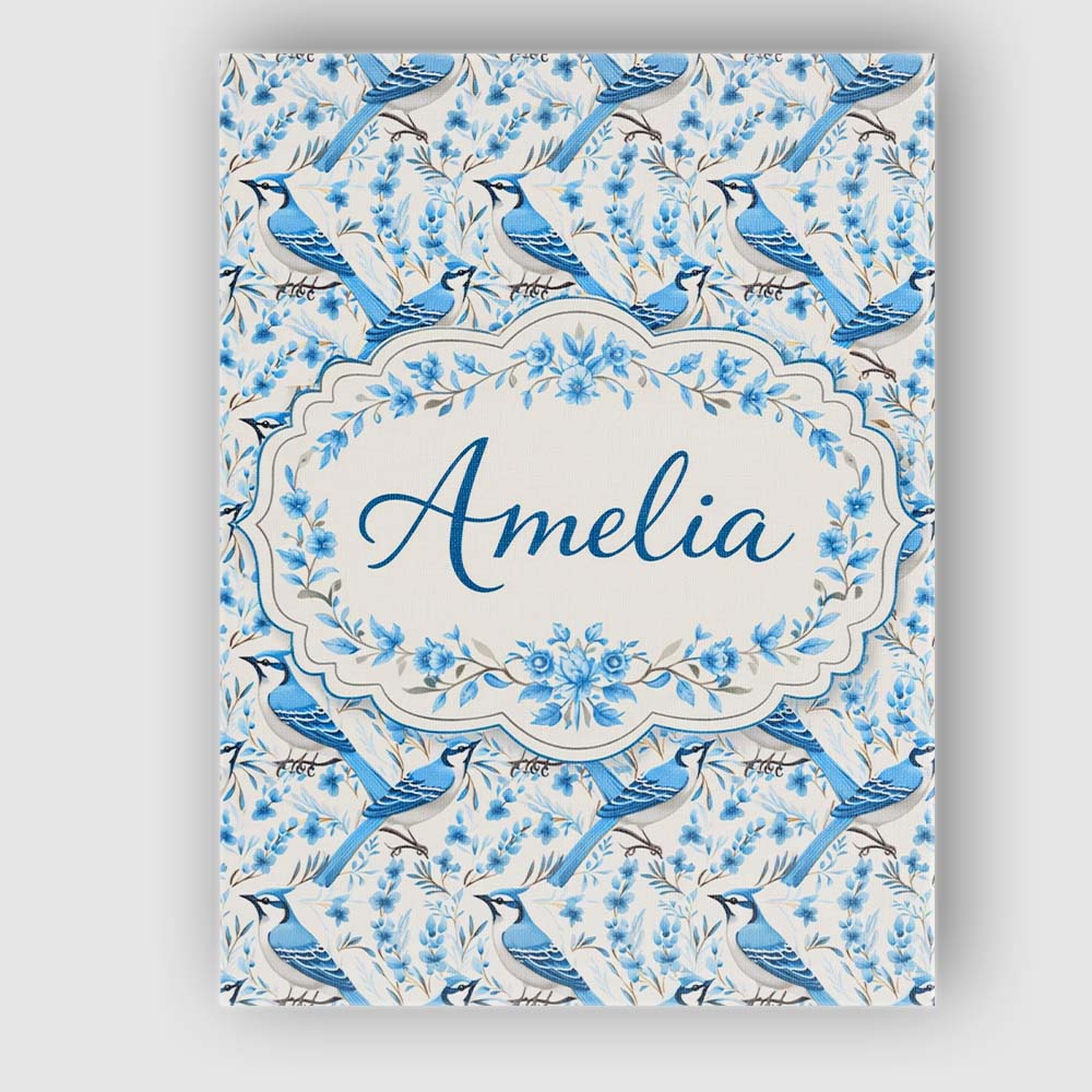 Personalised Name Blue Jay Bird Delicate Floral Seamless Soft Custom Home Unique Canvas Wall Art Print Decor Picture Ready to Hang
