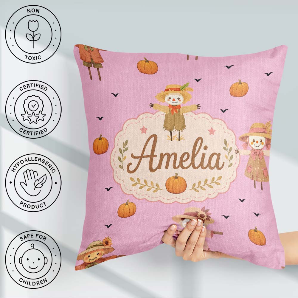 Custom Name Autumn Scarecrow Pumpkin Birds Seamless Pattern Pink Square Filled Cushion Throw Pillow Sofa Bed Home Decor Zip Washable UK Made