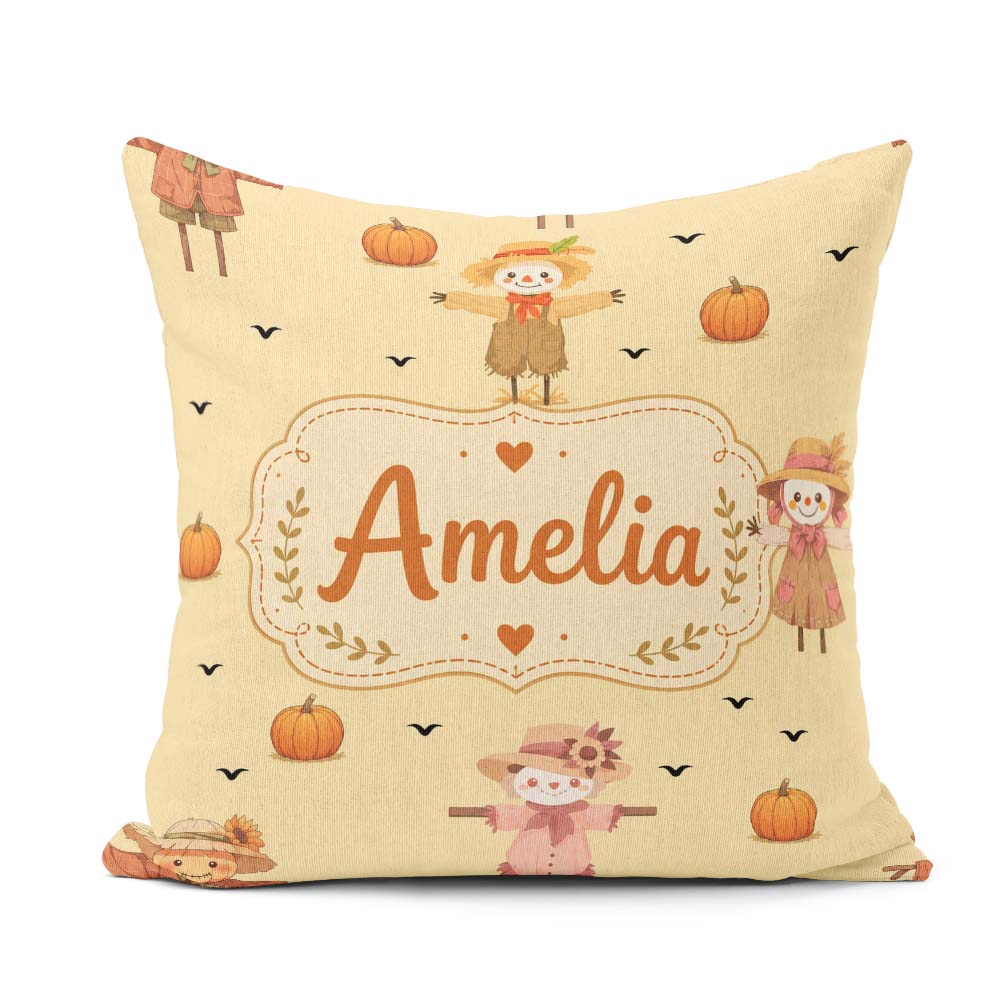 Custom Name Cute Autumn Scarecrow Pumpkin Birds Seamless Pattern Square Filled Cushion Throw Pillow Sofa Bed Home Decor Zip Washable UK Made