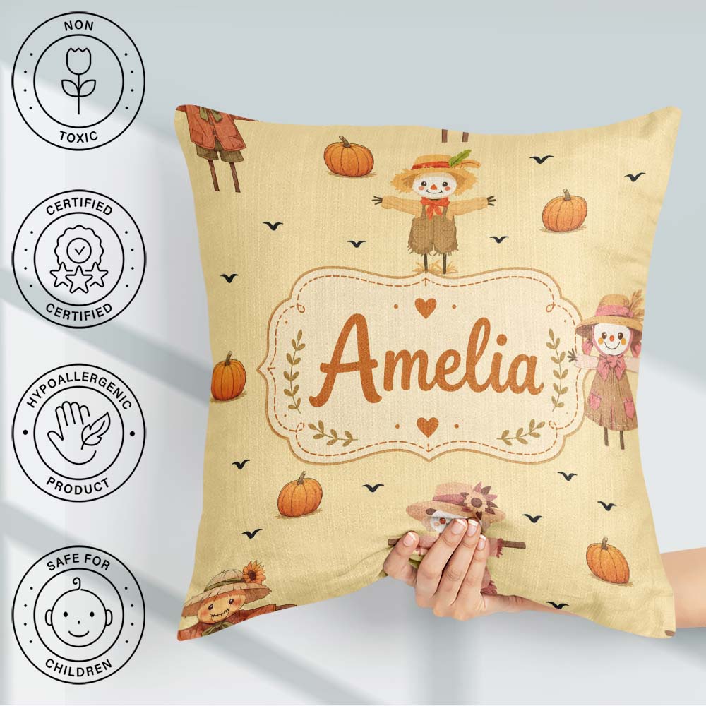 Custom Name Cute Autumn Scarecrow Pumpkin Birds Seamless Pattern Square Filled Cushion Throw Pillow Sofa Bed Home Decor Zip Washable UK Made
