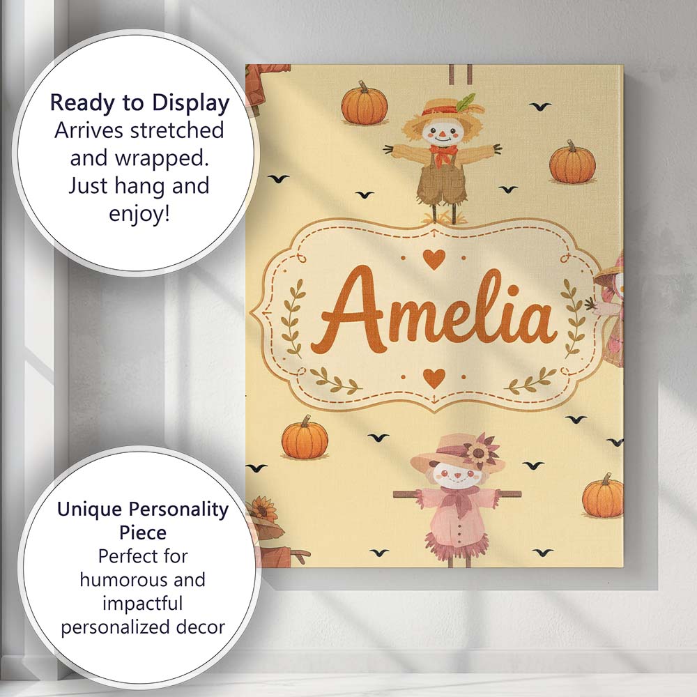 Personalised Name Cute Autumn Scarecrow Custom Modern Room Accent Elegant Feature Canvas Wall Art Print Decor Picture Ready to Hang