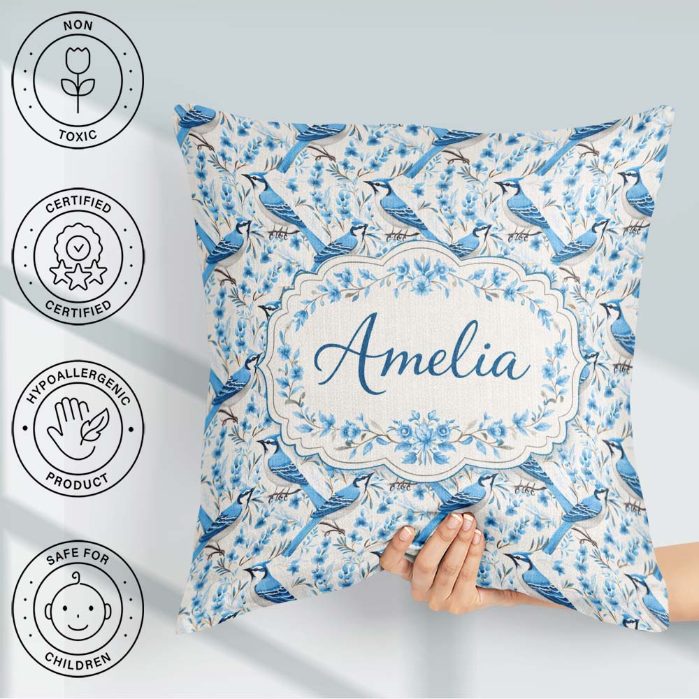 Custom Name Blue Bird Delicate Floral Soft Blue Botanical Nature Square Filled Cushion Throw Pillow Sofa Bed Home Decor Zip Washable UK Made