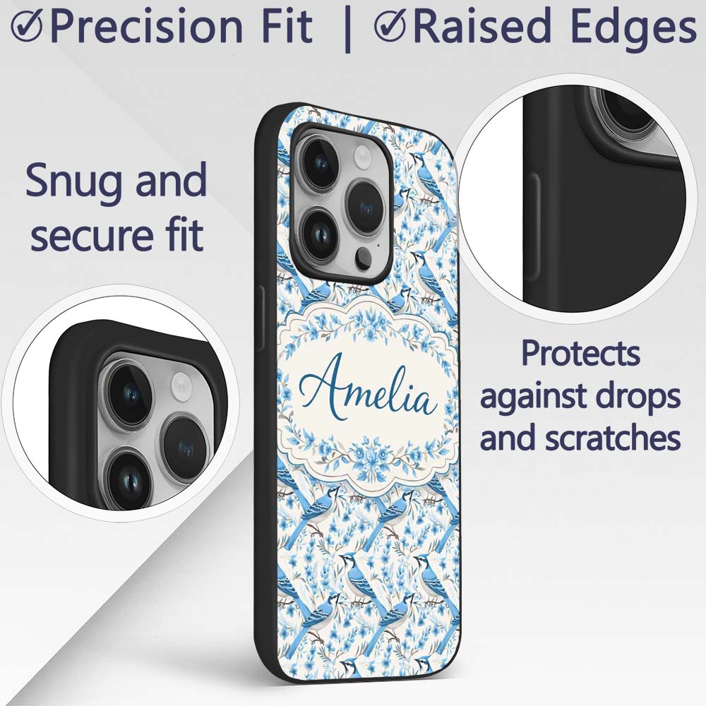Blue Jay Bird Delicate Floral Seamless Soft Blue Custom Name Protective Phone Case Mobile Cover Durable Everyday Smartphone Shock Resistant