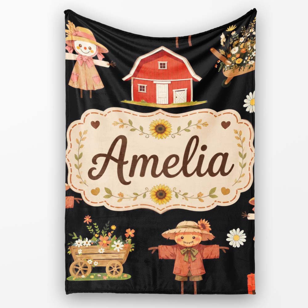 Cute Autumn Farm Scarecrow Barn Flowers Seamless Pattern Black Personalised Custom Name Super Soft Fleece Blanket Bed Sofa Throw