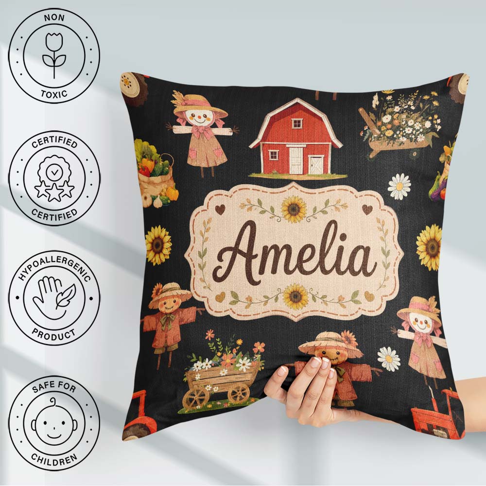Custom Name Cute Autumn Farm Barn Flowers Seamless Pattern Black Square Filled Cushion Throw Pillow Sofa Bed Home Decor Zip Washable UK Made