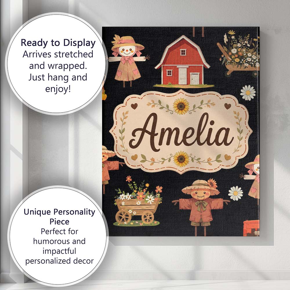 Personalised Name Cute Autumn Farm Scarecrow Custom Bespoke Contemporary Display Canvas Wall Art Print Decor Picture Ready to Hang