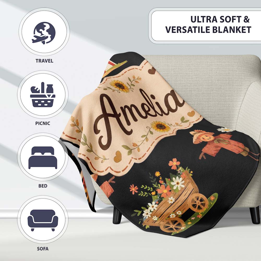 Cute Autumn Farm Scarecrow Barn Flowers Seamless Pattern Black Personalised Custom Name Super Soft Fleece Blanket Bed Sofa Throw