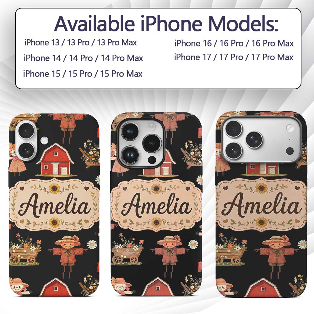 Cute Autumn Farm Scarecrow Barn Flowers Seamless Custom Name Protective Phone Case Mobile Cover Durable Everyday Smartphone Shock Resistant