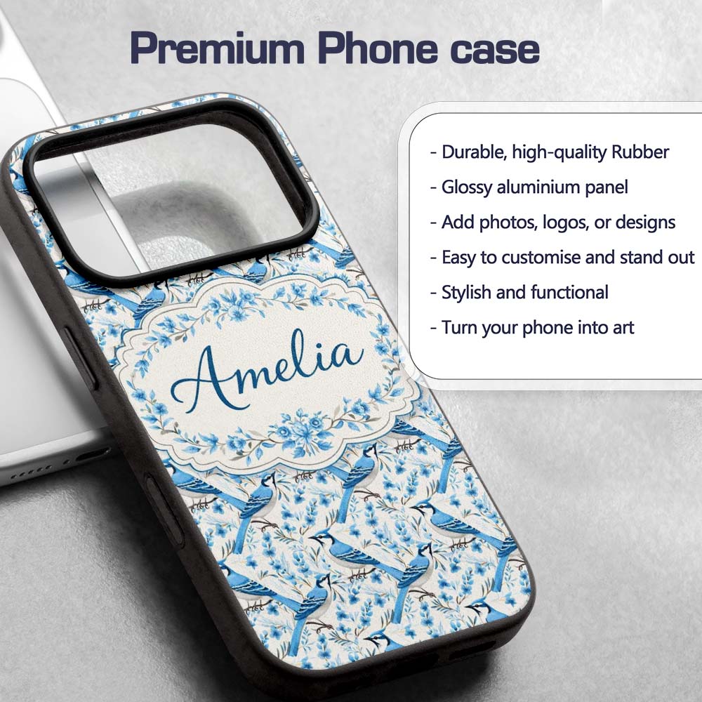 Blue Jay Bird Delicate Floral Seamless Soft Blue Custom Name Protective Phone Case Mobile Cover Durable Everyday Smartphone Shock Resistant