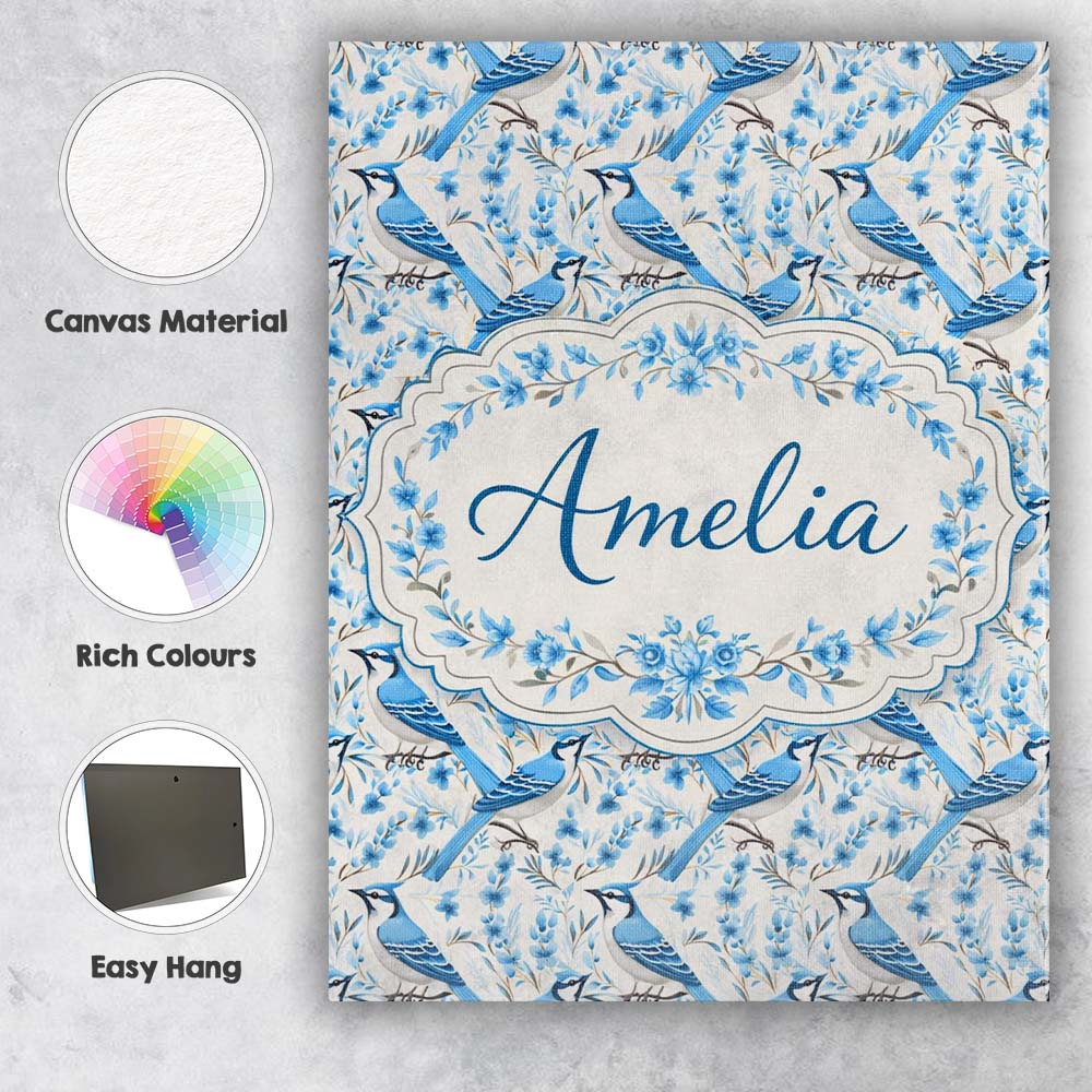 Personalised Name Blue Jay Bird Delicate Floral Seamless Soft Custom Home Unique Canvas Wall Art Print Decor Picture Ready to Hang