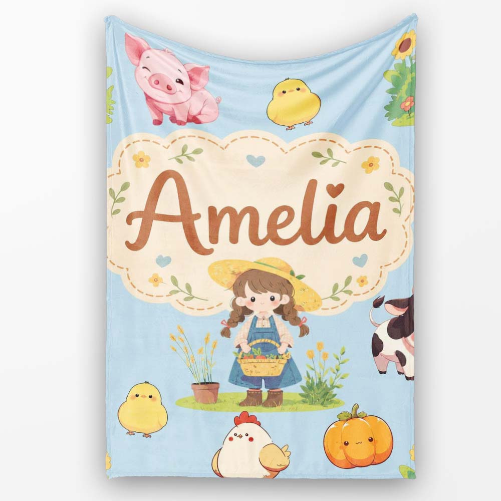 Cute Farm Girl Animals Harvest Seamless Pattern Blue Background Personalised Custom Name Super Soft Fleece Blanket Bed Sofa Throw