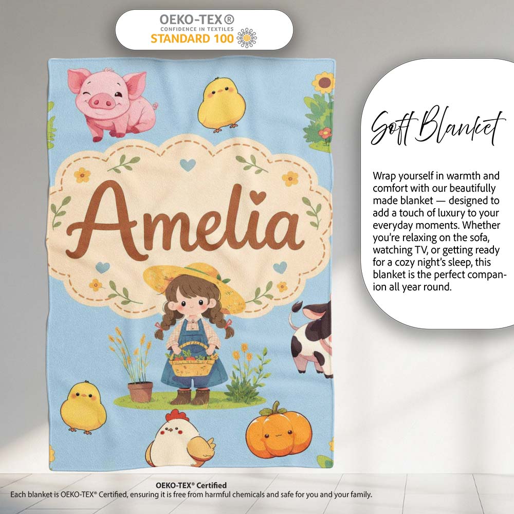 Cute Farm Girl Animals Harvest Seamless Pattern Blue Background Personalised Custom Name Super Soft Fleece Blanket Bed Sofa Throw