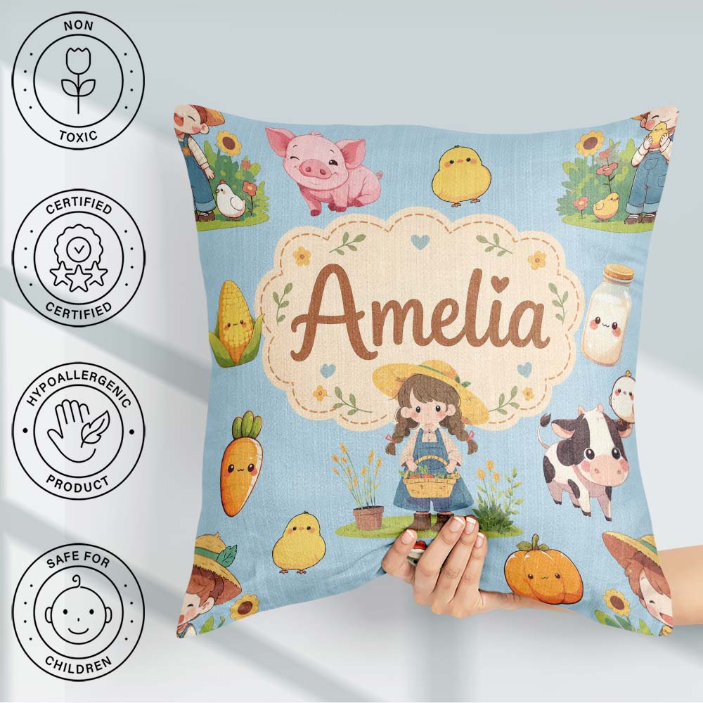 Custom Name Cute Farm Girl Animals Harvest Seamless Pattern Blue Square Filled Cushion Throw Pillow Sofa Bed Home Decor Zip Washable UK Made