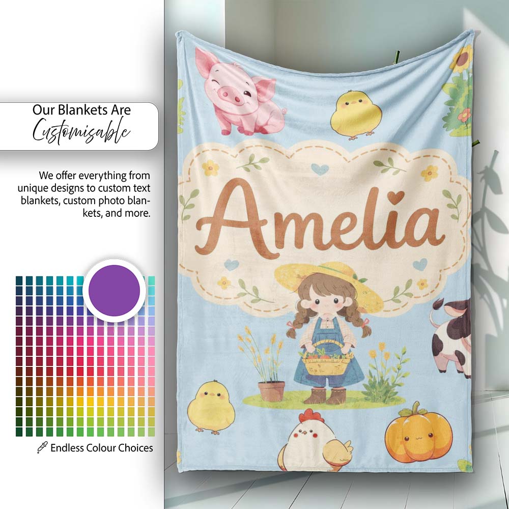 Cute Farm Girl Animals Harvest Seamless Pattern Blue Background Personalised Custom Name Super Soft Fleece Blanket Bed Sofa Throw