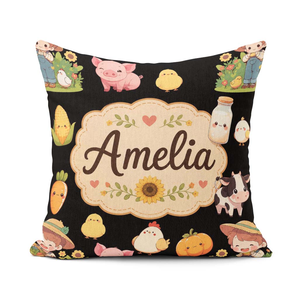 Custom Name Farm Girl Animals Harvest Seamless Black Background Square Filled Cushion Throw Pillow Sofa Bed Home Decor Zip Washable UK Made