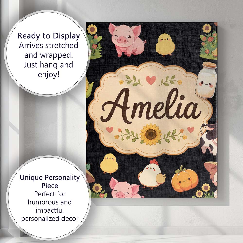 Personalised Name Cute Farm Girl Animals Custom Unique Gift Idea Elegant Feature Canvas Wall Art Print Decor Picture Ready to Hang