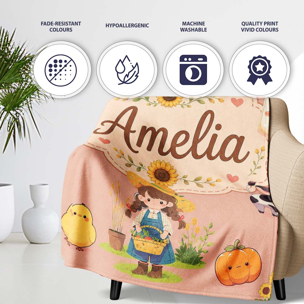 Cute Farm Girl Animals Harvest Seamless Pattern Peach Background Personalised Custom Name Super Soft Fleece Blanket Bed Sofa Throw