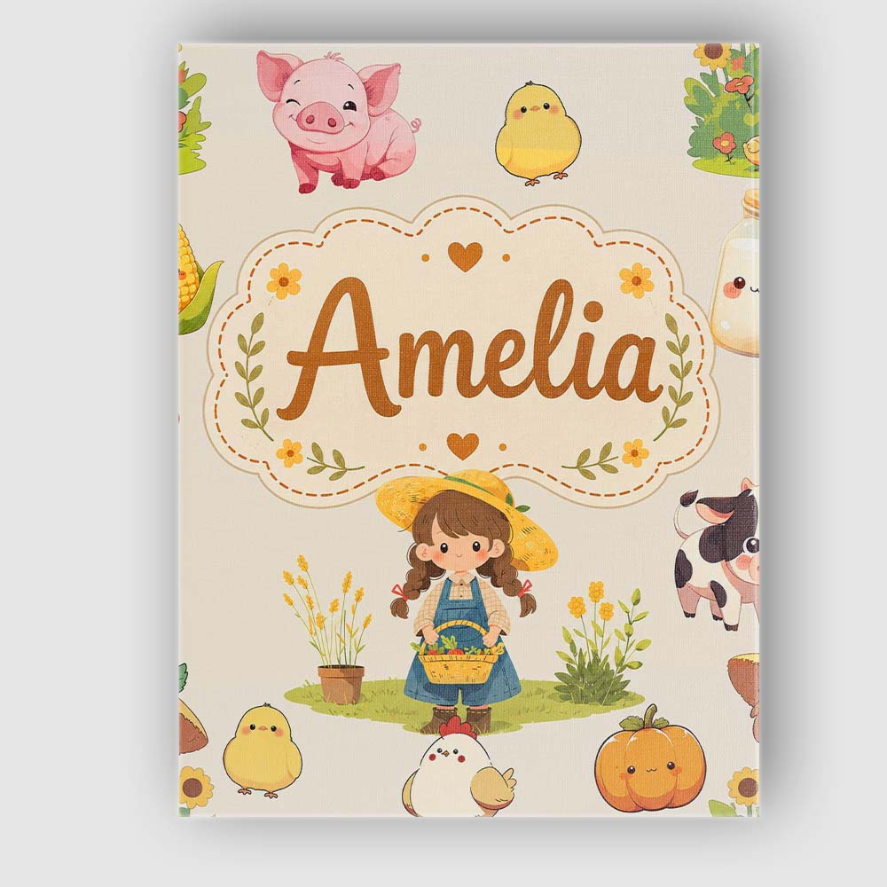 Personalised Name Cute Farm Girl Animals Custom Unique Gift Idea Elegant Feature Canvas Wall Art Print Decor Picture Ready to Hang