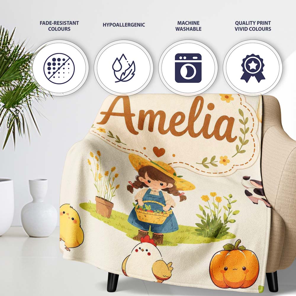 Cute Farm Girl Animals Harvest Seamless Pattern Cream Background Personalised Custom Name Super Soft Fleece Blanket Bed Sofa Throw