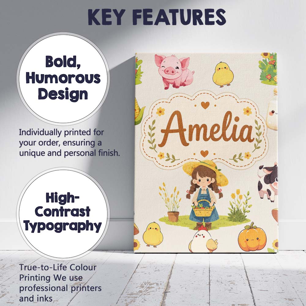 Personalised Name Cute Farm Girl Animals Custom Unique Gift Idea Elegant Feature Canvas Wall Art Print Decor Picture Ready to Hang