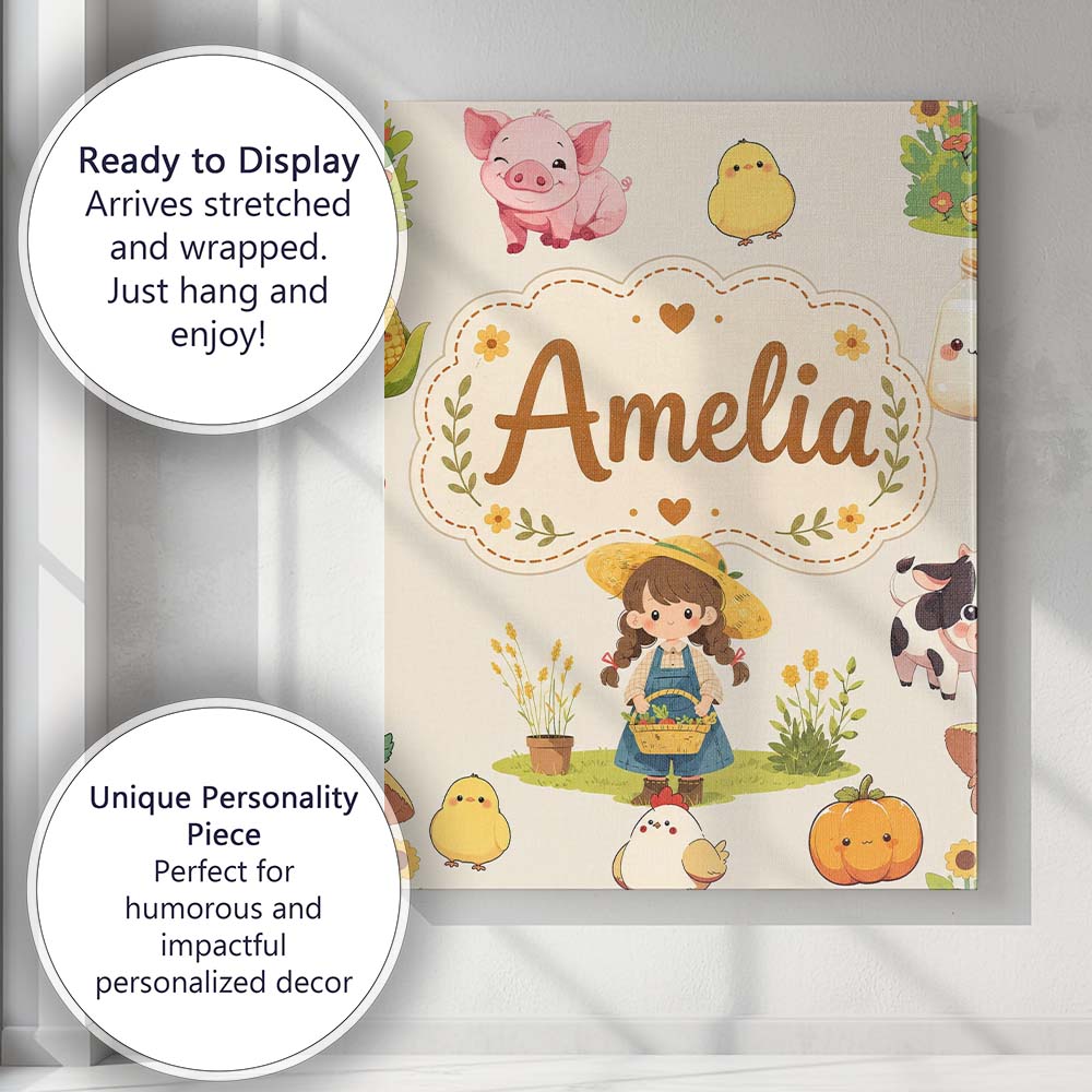 Personalised Name Cute Farm Girl Animals Custom Unique Gift Idea Elegant Feature Canvas Wall Art Print Decor Picture Ready to Hang