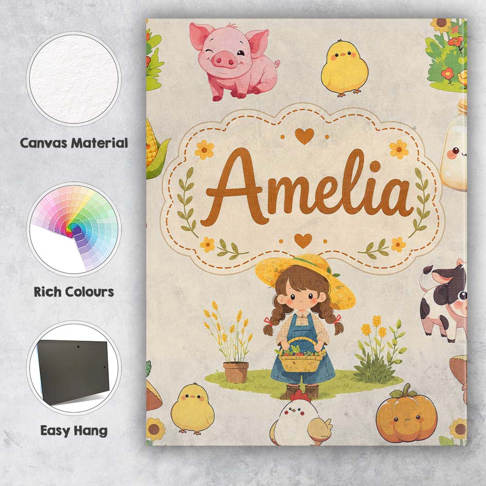 Personalised Name Cute Farm Girl Animals Custom Unique Gift Idea Elegant Feature Canvas Wall Art Print Decor Picture Ready to Hang