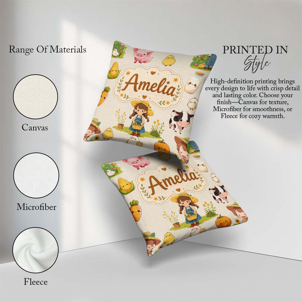 Custom Name Farm Girl Animals Harvest Seamless Cream Background Square Filled Cushion Throw Pillow Sofa Bed Home Decor Zip Washable UK Made