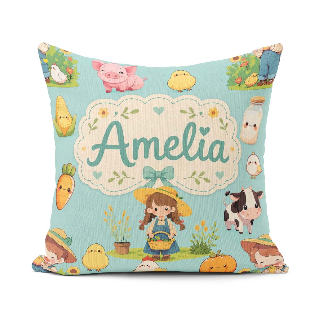 Custom Name Cute Farm Girl Animals Harvest Seamless Pattern Mint Square Filled Cushion Throw Pillow Sofa Bed Home Decor Zip Washable UK Made