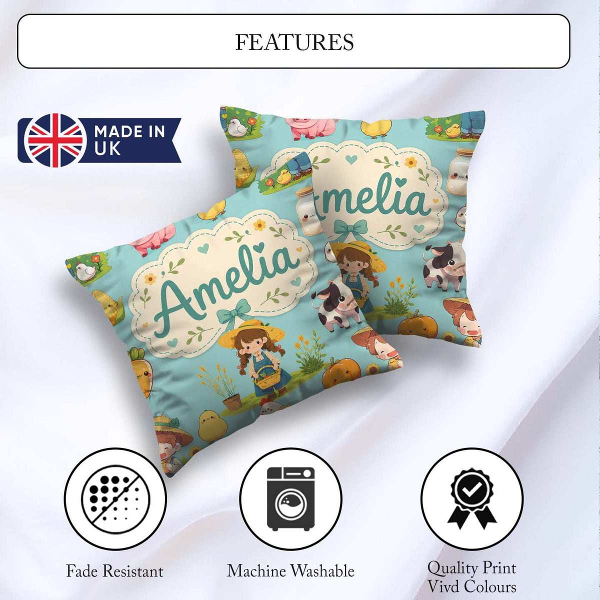 Custom Name Cute Farm Girl Animals Harvest Seamless Pattern Mint Square Filled Cushion Throw Pillow Sofa Bed Home Decor Zip Washable UK Made