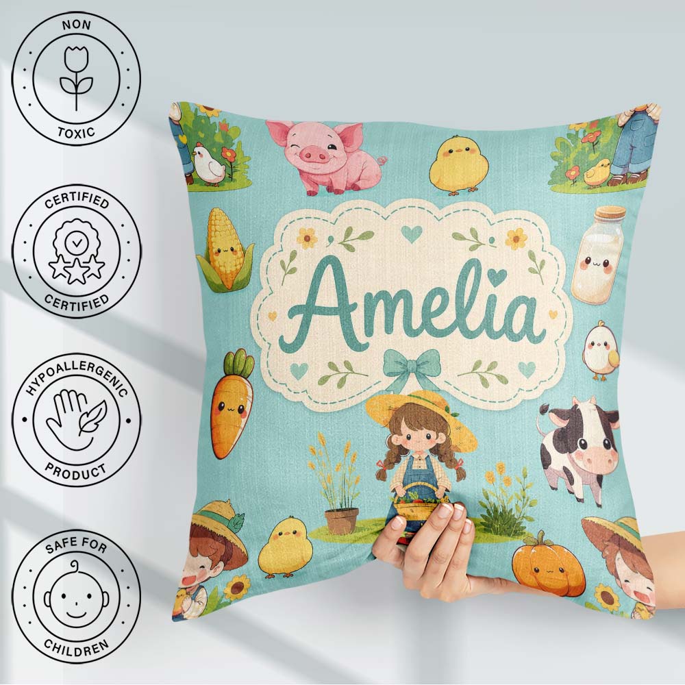Custom Name Cute Farm Girl Animals Harvest Seamless Pattern Mint Square Filled Cushion Throw Pillow Sofa Bed Home Decor Zip Washable UK Made