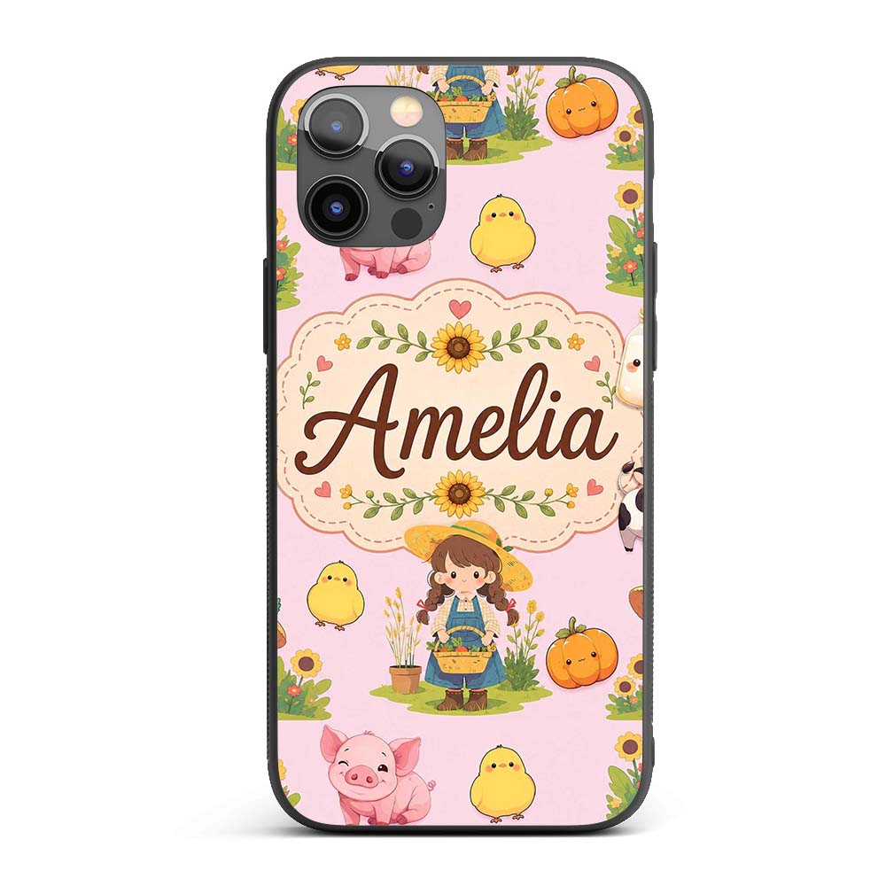 Cute Farm Girl Animals Harvest Seamless Pattern Custom Name Protective Phone Case Mobile Cover Durable Everyday Smartphone Shock Resistant
