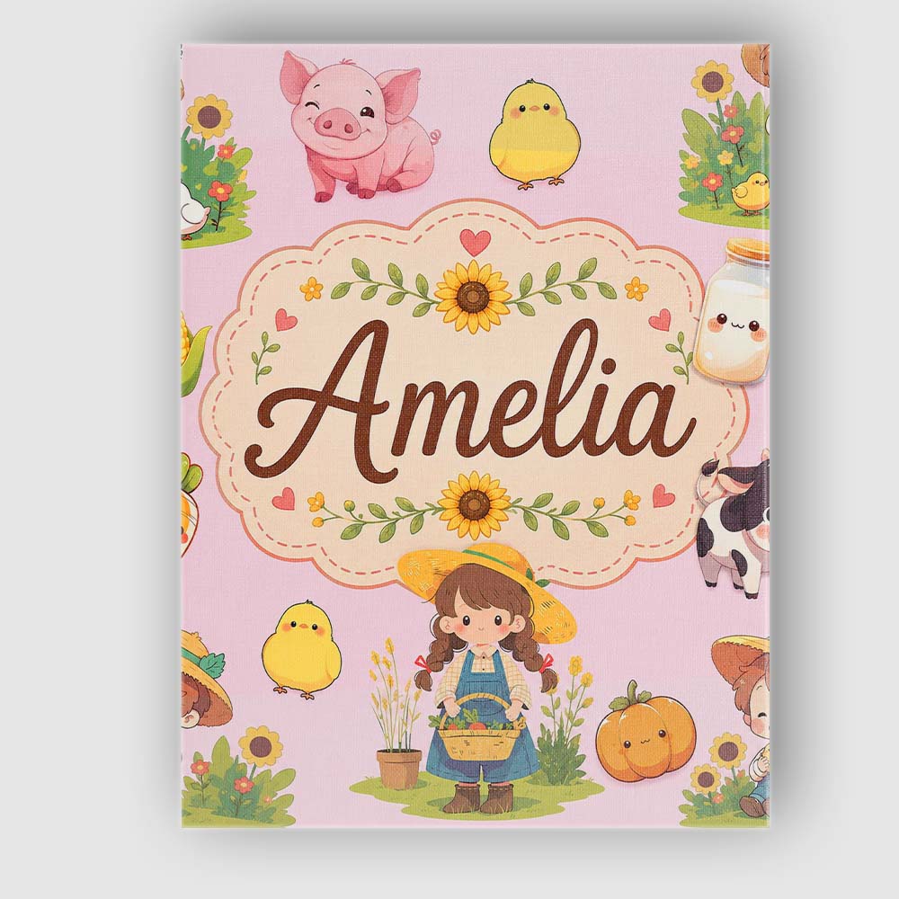 Personalised Name Cute Farm Girl Animals Custom Unique Gift Idea Elegant Feature Canvas Wall Art Print Decor Picture Ready to Hang