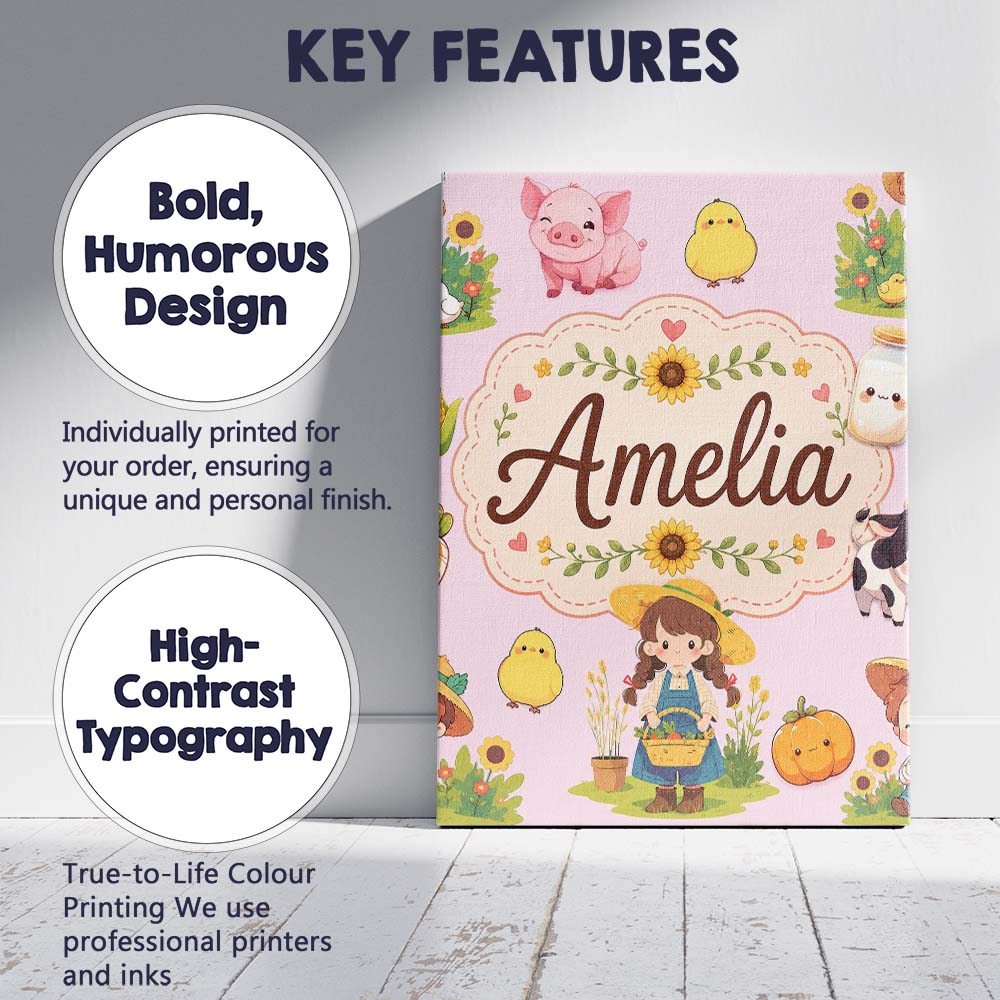 Personalised Name Cute Farm Girl Animals Custom Unique Gift Idea Elegant Feature Canvas Wall Art Print Decor Picture Ready to Hang