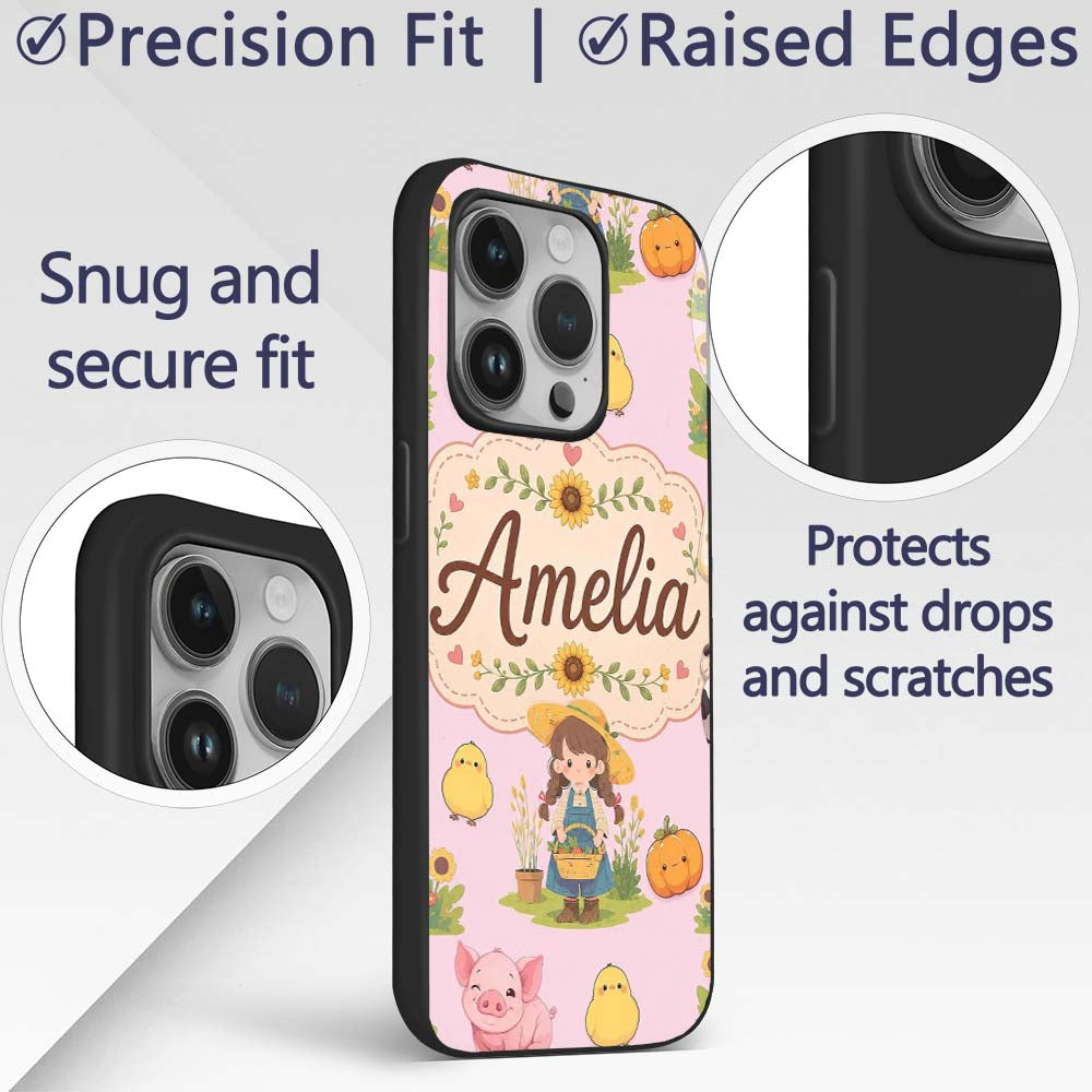 Cute Farm Girl Animals Harvest Seamless Pattern Custom Name Protective Phone Case Mobile Cover Durable Everyday Smartphone Shock Resistant