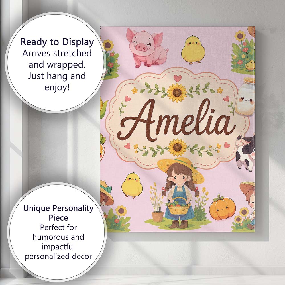 Personalised Name Cute Farm Girl Animals Custom Unique Gift Idea Elegant Feature Canvas Wall Art Print Decor Picture Ready to Hang