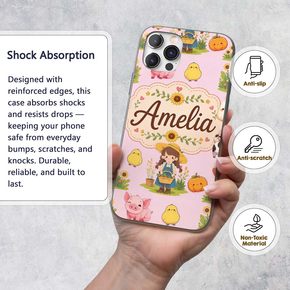 Cute Farm Girl Animals Harvest Seamless Pattern Custom Name Protective Phone Case Mobile Cover Durable Everyday Smartphone Shock Resistant
