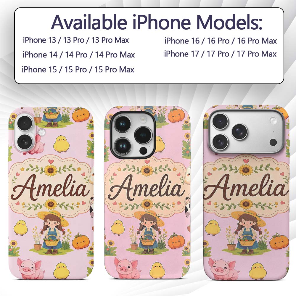 Cute Farm Girl Animals Harvest Seamless Pattern Custom Name Protective Phone Case Mobile Cover Durable Everyday Smartphone Shock Resistant